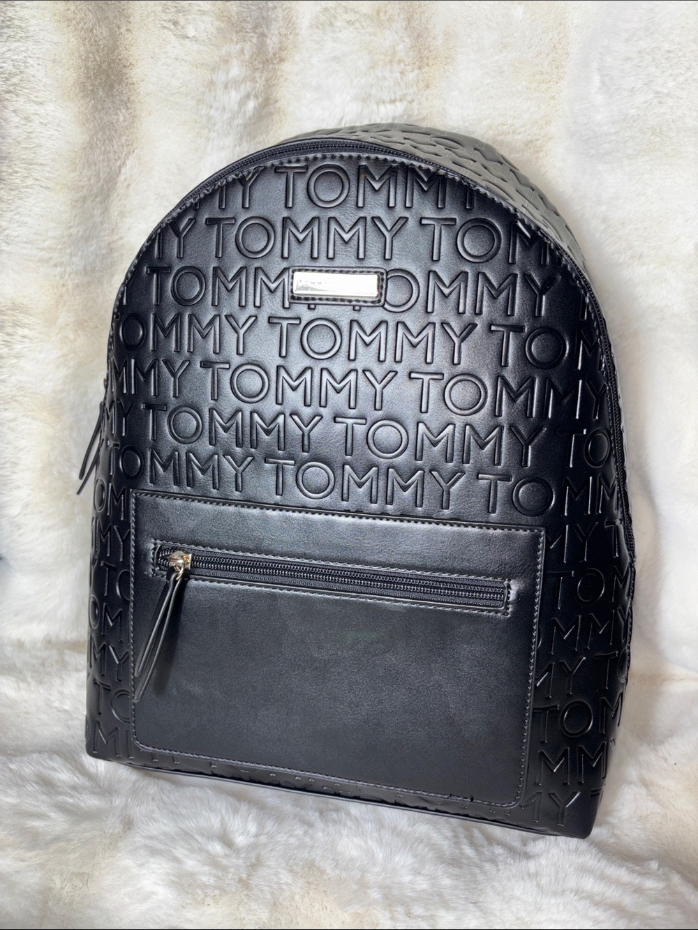 Tommy Hilfiger Black Embossed Logo Backpack with Front Zip Pocket